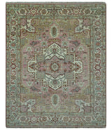 Pink, Ivory and Olive Hand Knotted Traditional Custom Made Size wool Rug