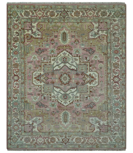 Pink, Ivory and Olive Hand Knotted Traditional Custom Made Size wool Rug