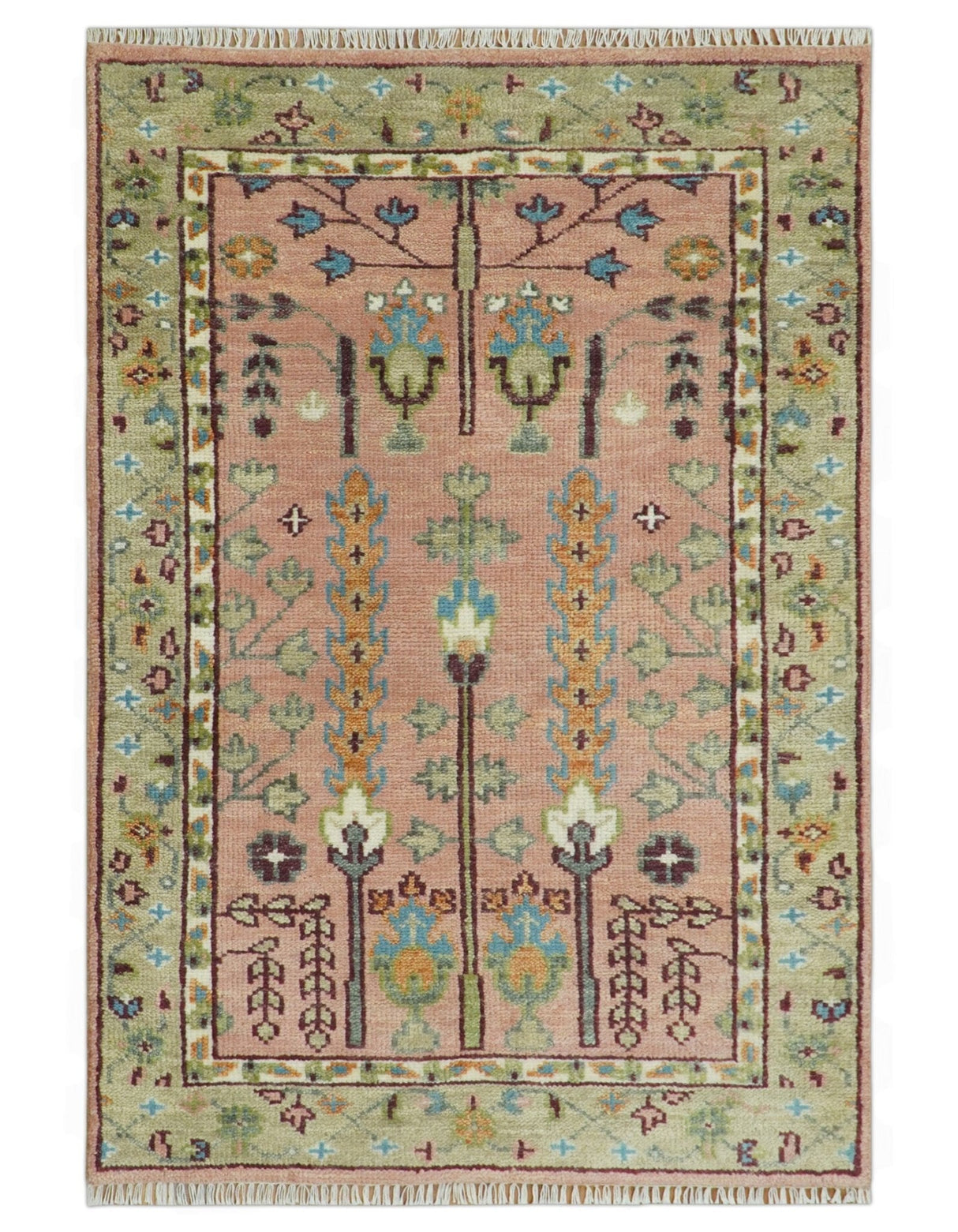 Pink, Olive and Beige vintage Traditional Tree of Life Custom Made Serapi Wool Rug