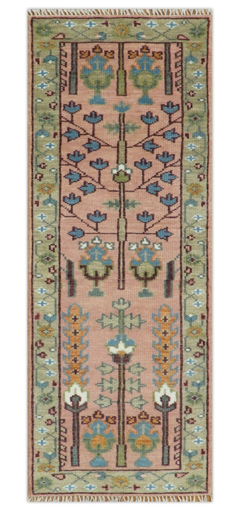 Pink, Olive and Beige vintage Traditional Tree of Life Custom Made Serapi Wool Rug