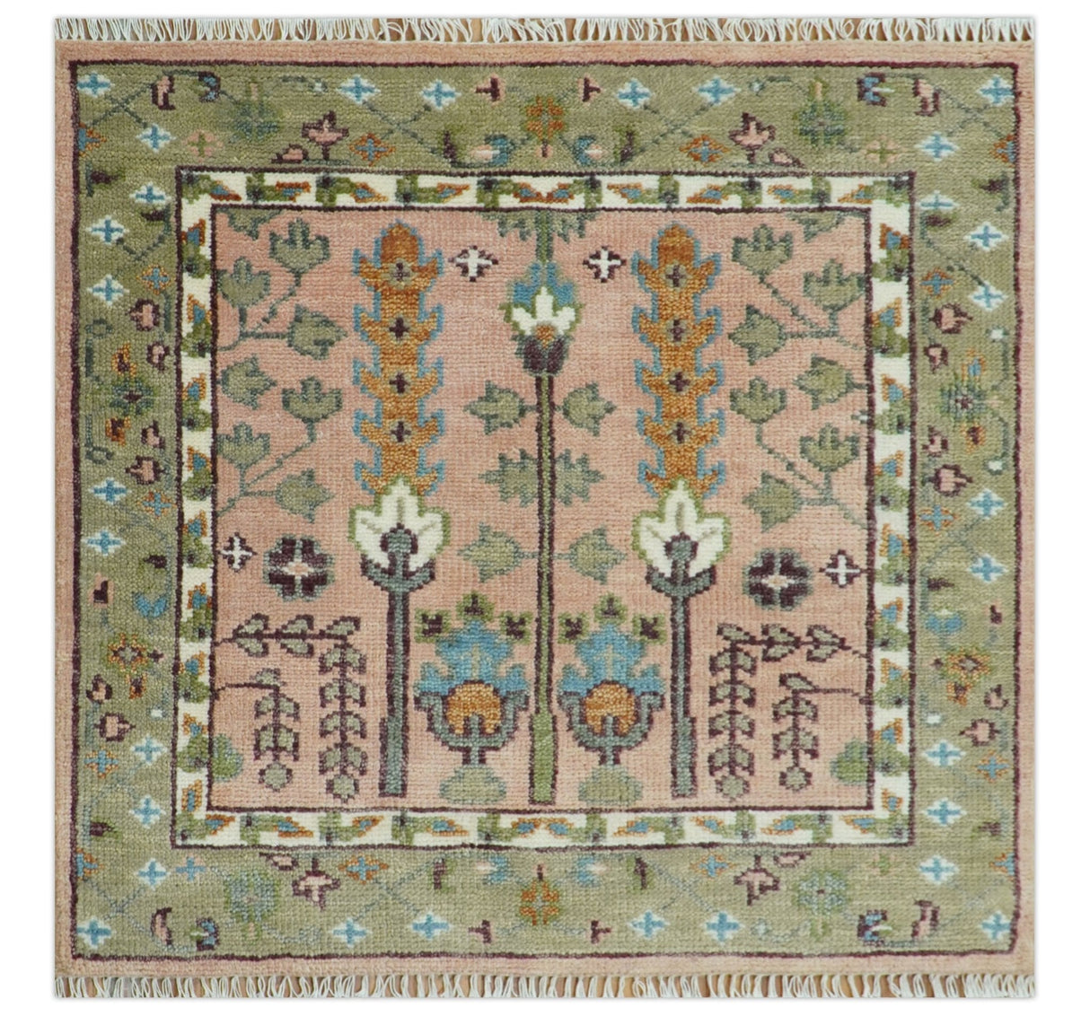 Pink, Olive and Beige vintage Traditional Tree of Life Custom Made Serapi Wool Rug