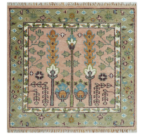 Pink, Olive and Beige vintage Traditional Tree of Life Custom Made Serapi Wool Rug