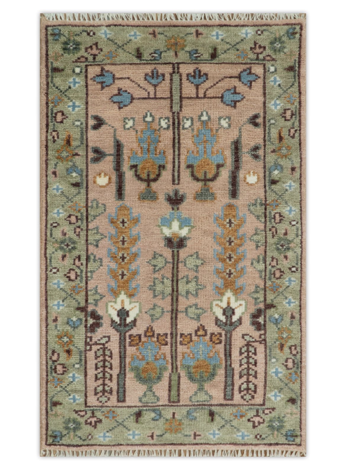 Pink, Olive and Beige vintage Traditional Tree of Life Custom Made Serapi Wool Rug