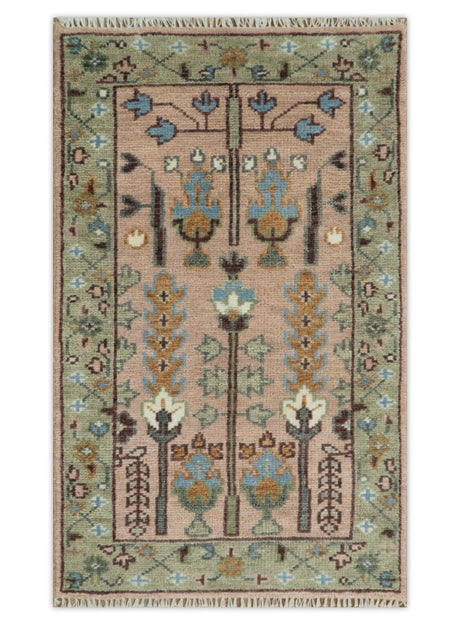 Pink, Olive and Beige vintage Traditional Tree of Life Custom Made Serapi Wool Rug