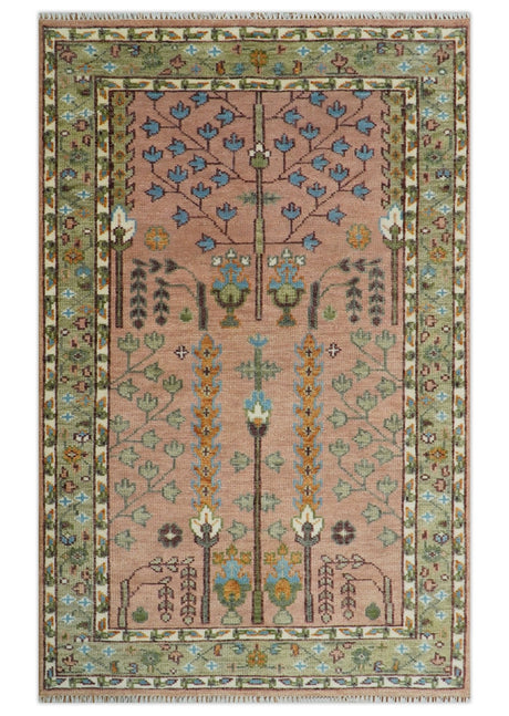 Pink, Olive and Beige vintage Traditional Tree of Life Custom Made Serapi Wool Rug