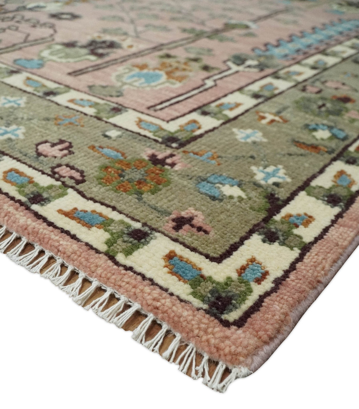 Pink, Olive and Beige vintage Traditional Tree of Life Custom Made Serapi Wool Rug