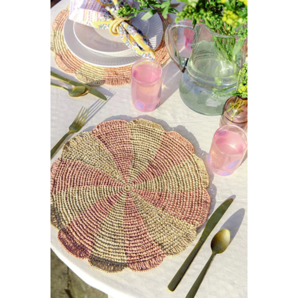 Pinwheel Pink Placemat, raffia tabletop-table tops-Parc Decor