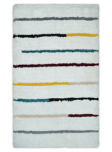 Plush and Thick Hand Woven Shag White with multicolor Stripes Soft Area Rug | SHAG2