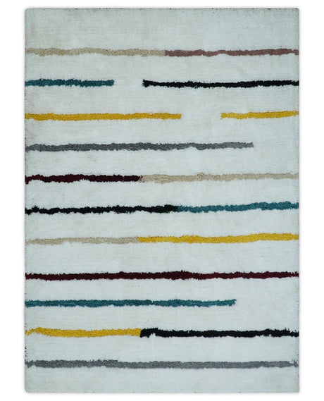 Plush and Thick Hand Woven Shag White with multicolor Stripes Soft Area Rug | SHAG2