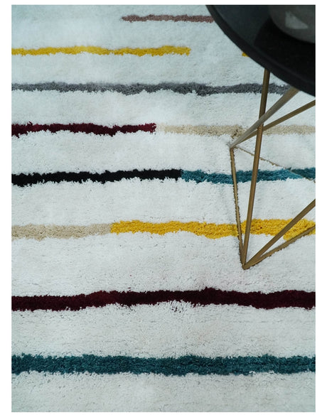 Plush and Thick Hand Woven Shag White with multicolor Stripes Soft Area Rug | SHAG2