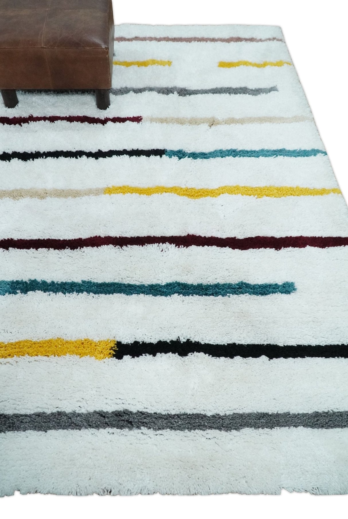 Plush and Thick Hand Woven Shag White with multicolor Stripes Soft Area Rug | SHAG2