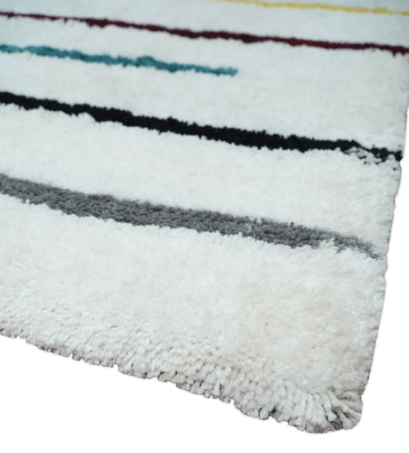 Plush and Thick Hand Woven Shag White with multicolor Stripes Soft Area Rug | SHAG2