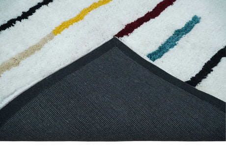 Plush and Thick Hand Woven Shag White with multicolor Stripes Soft Area Rug | SHAG2