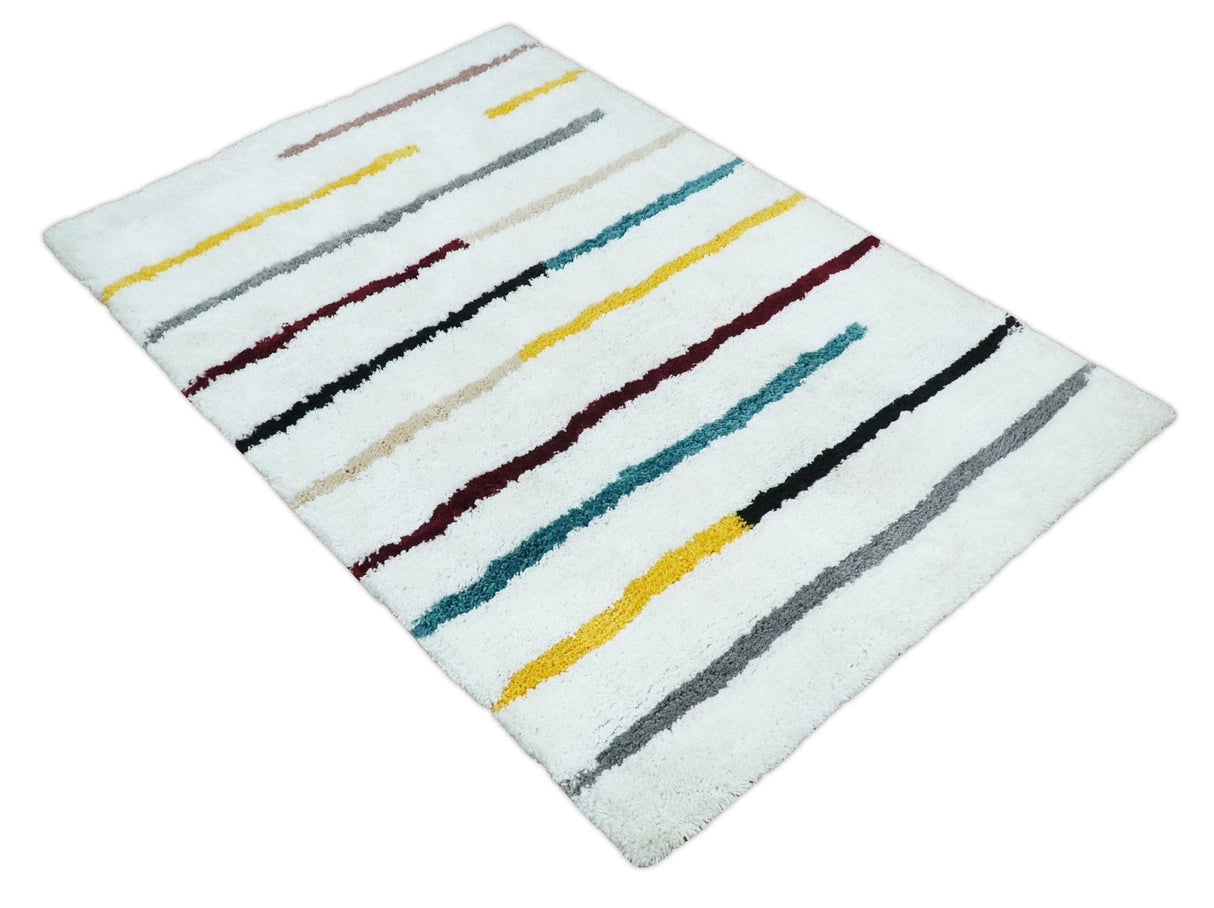 Plush and Thick Hand Woven Shag White with multicolor Stripes Soft Area Rug | SHAG2