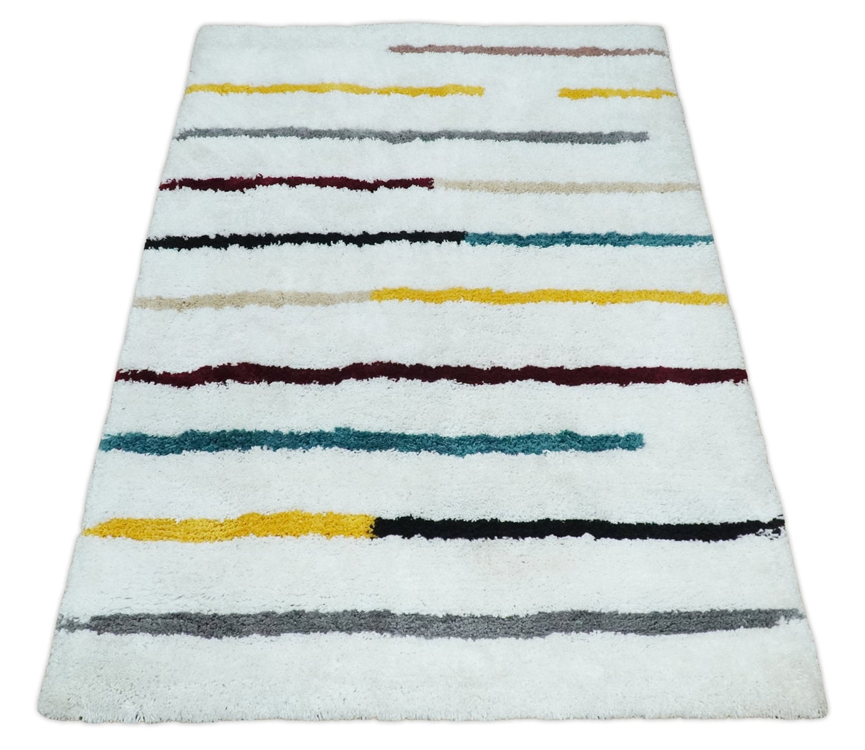 Plush and Thick Hand Woven Shag White with multicolor Stripes Soft Area Rug | SHAG2