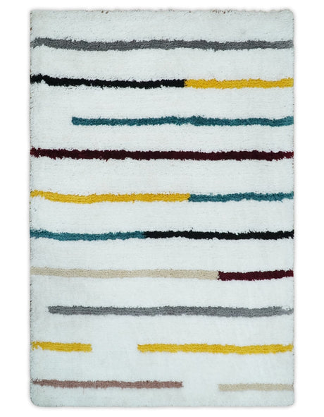 Plush and Thick Hand Woven Shag White with multicolor Stripes Soft Area Rug | SHAG2