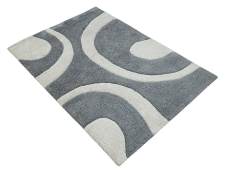 Plush Contemporary 3x5, 4x6 and 5x7 Hand Woven Shag Ivory and Gray Art Silk Soft Area Rug