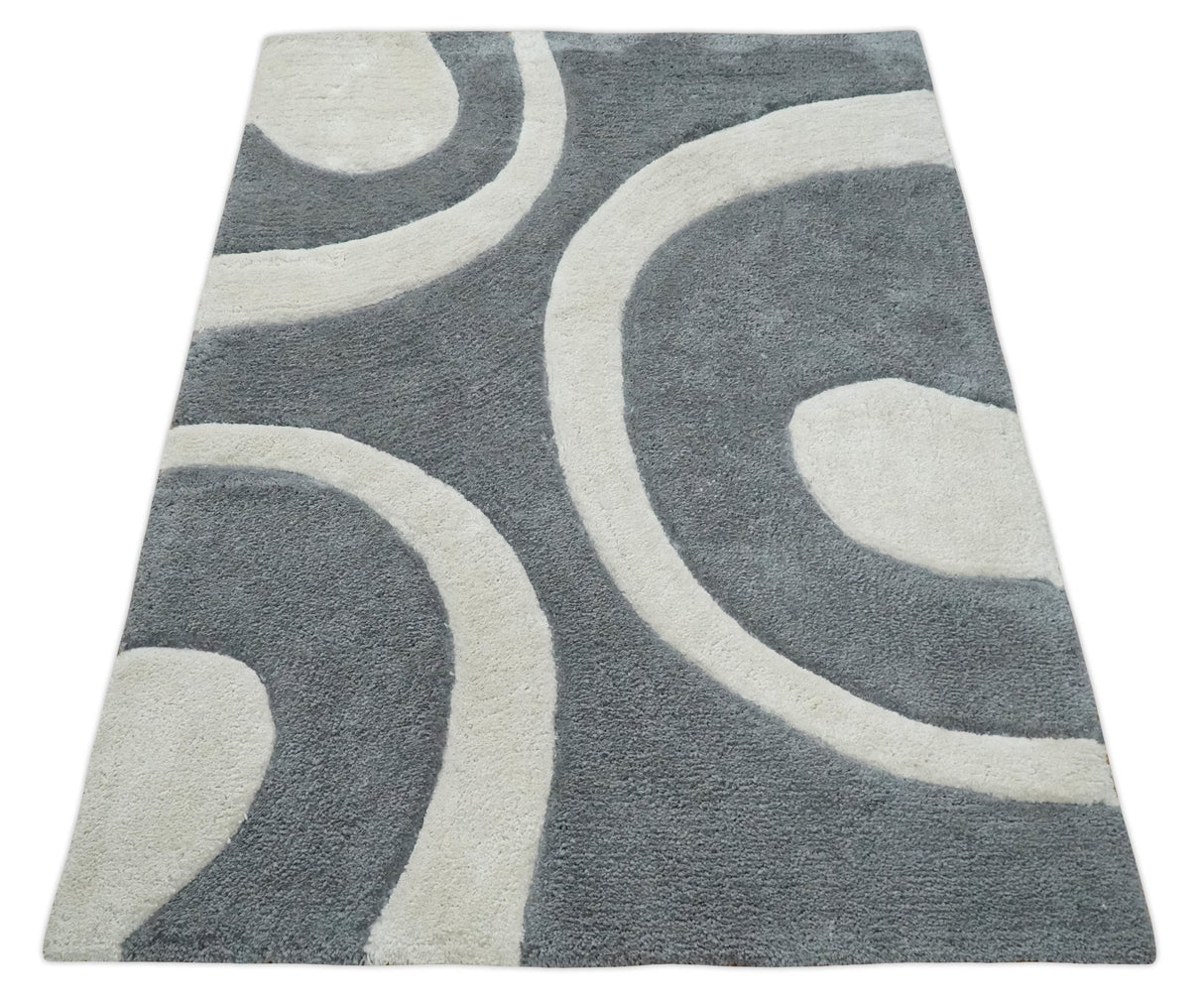 Plush Contemporary 3x5, 4x6 and 5x7 Hand Woven Shag Ivory and Gray Art Silk Soft Area Rug-Area Rug-Parc Decor