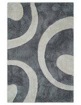 Plush Contemporary 3x5, 4x6 and 5x7 Hand Woven Shag Ivory and Gray Art Silk Soft Area Rug-Area Rug-Parc Decor