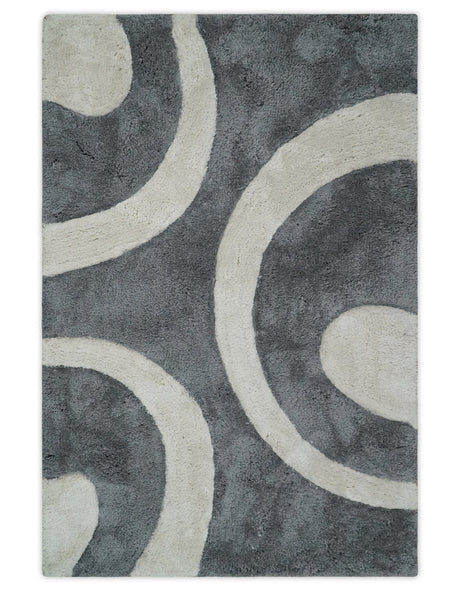 Plush Contemporary 3x5, 4x6 and 5x7 Hand Woven Shag Ivory and Gray Art Silk Soft Area Rug-Area Rug-Parc Decor