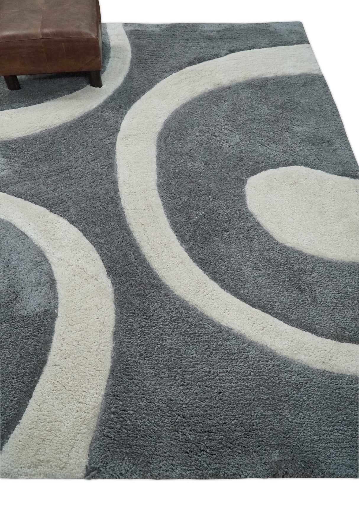 Plush Contemporary 3x5, 4x6 and 5x7 Hand Woven Shag Ivory and Gray Art Silk Soft Area Rug-Area Rug-Parc Decor