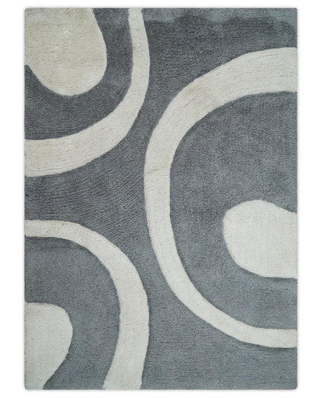 Plush Contemporary 3x5, 4x6 and 5x7 Hand Woven Shag Ivory and Gray Art Silk Soft Area Rug-Area Rug-Parc Decor