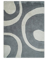 Plush Contemporary 3x5, 4x6 and 5x7 Hand Woven Shag Ivory and Gray Art Silk Soft Area Rug