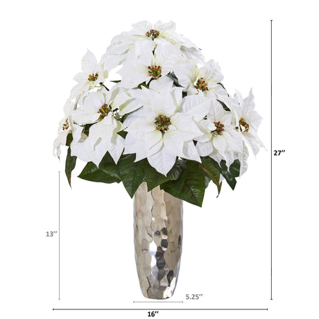 Poinsettia Artificial Arrangement in Silver Cylinder Vase-Arrangement-Parc Decor