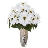 Poinsettia Artificial Arrangement in Silver Cylinder Vase-Arrangement-Parc Decor