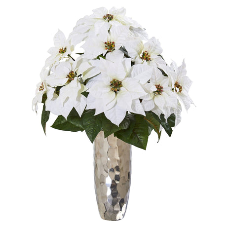 Poinsettia Artificial Arrangement in Silver Cylinder Vase-Arrangement-Parc Decor