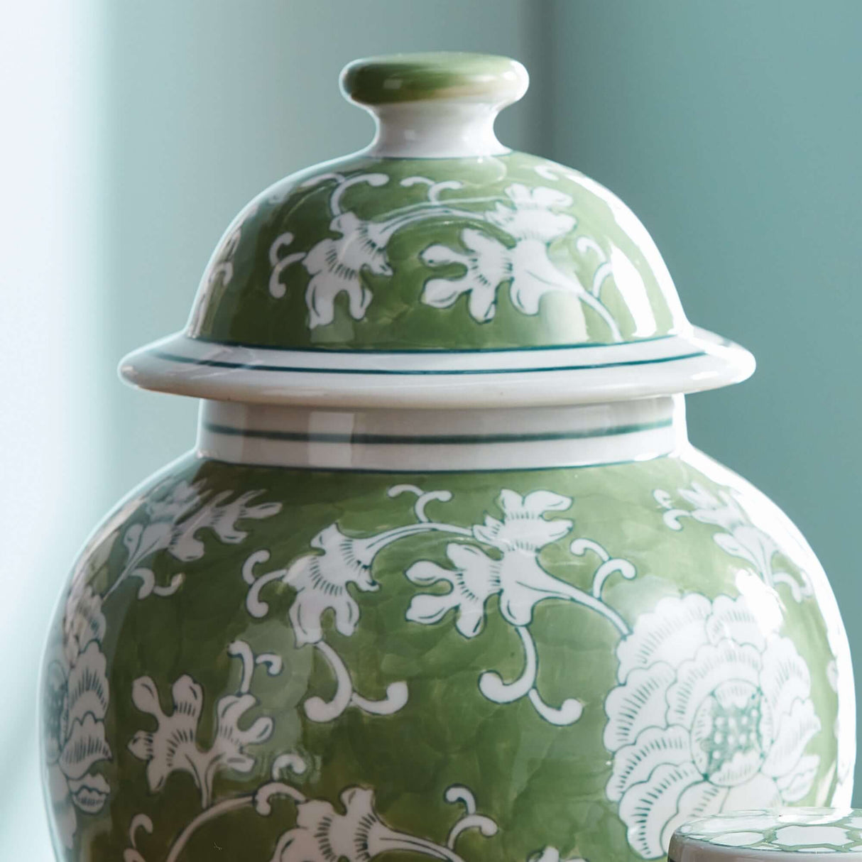 Porcelain Green Chinoiserie Lotus Ginger Jar with Lid-Jar-Parc Decor