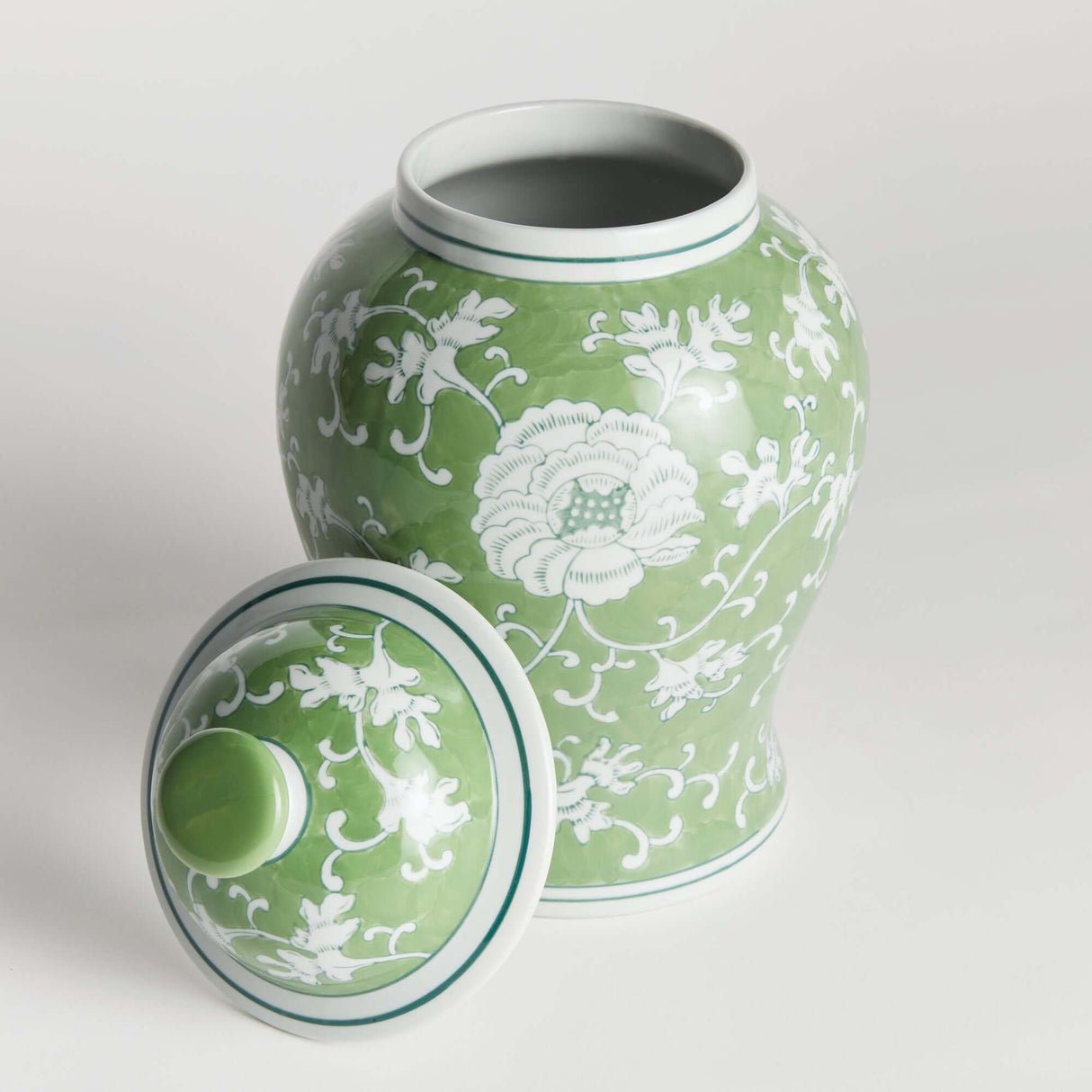Porcelain Green Chinoiserie Lotus Ginger Jar with Lid-Jar-Parc Decor