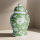 Porcelain Green Chinoiserie Lotus Ginger Jar with Lid-Jar-Parc Decor