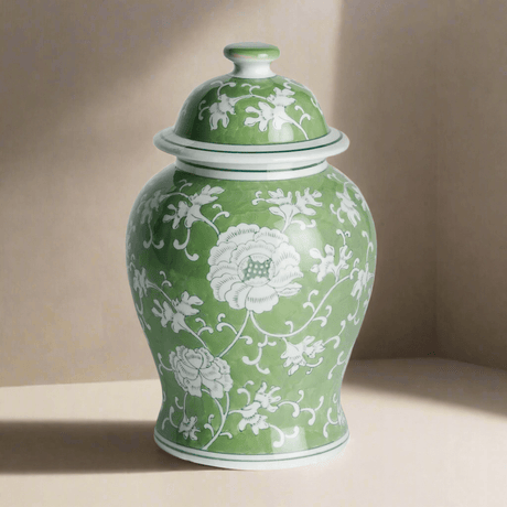 Porcelain Green Chinoiserie Lotus Ginger Jar with Lid-Jar-Parc Decor