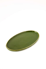 Porcelain Oval Serving Platter with Gold Rim. Green