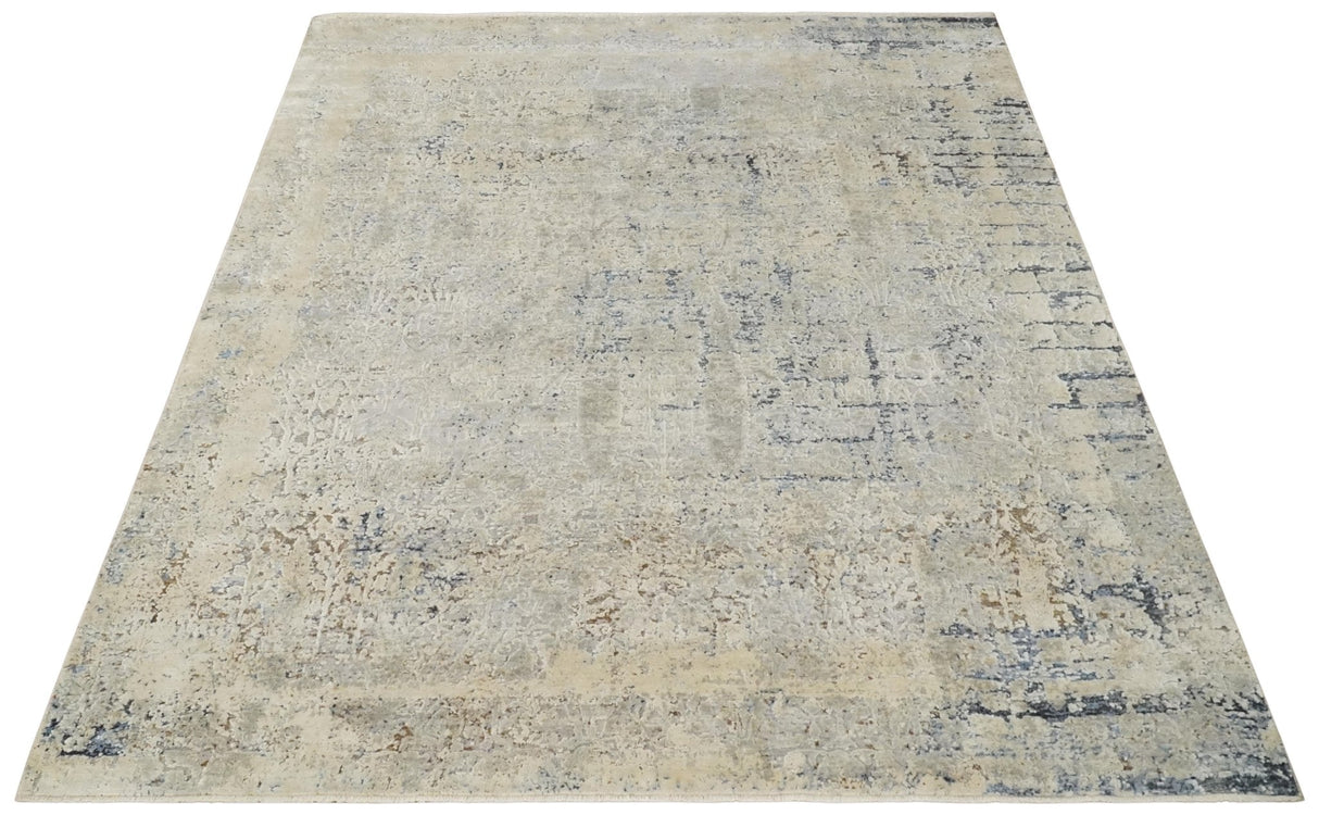 Premium Fine 8x10 Silver, Beige and Charcoal Traditional Floral High Low texture Hand Knotted Wool and Art Silk Rug-Area Rug-Parc Decor