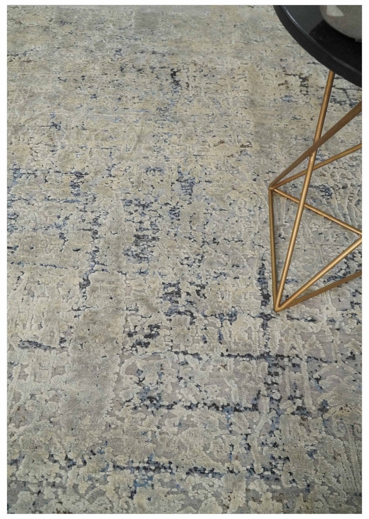 Premium Fine 8x10 Silver, Beige and Charcoal Traditional Floral High Low texture Hand Knotted Wool and Art Silk Rug-Area Rug-Parc Decor