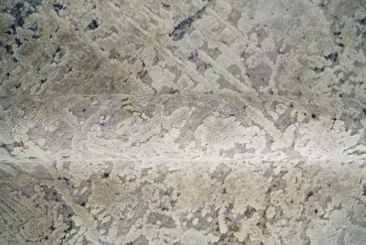 Premium Fine 8x10 Silver, Beige and Charcoal Traditional Floral High Low texture Hand Knotted Wool and Art Silk Rug-Area Rug-Parc Decor