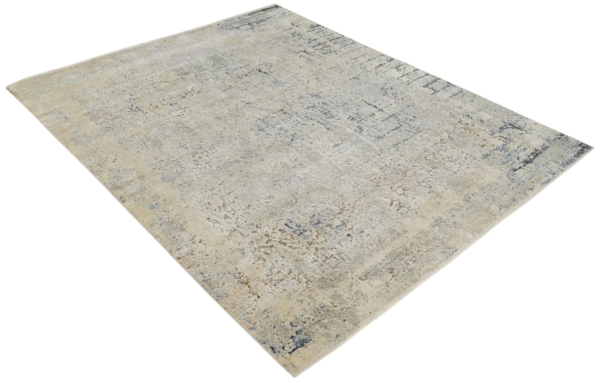 Premium Fine 8x10 Silver, Beige and Charcoal Traditional Floral High Low texture Hand Knotted Wool and Art Silk Rug-Area Rug-Parc Decor