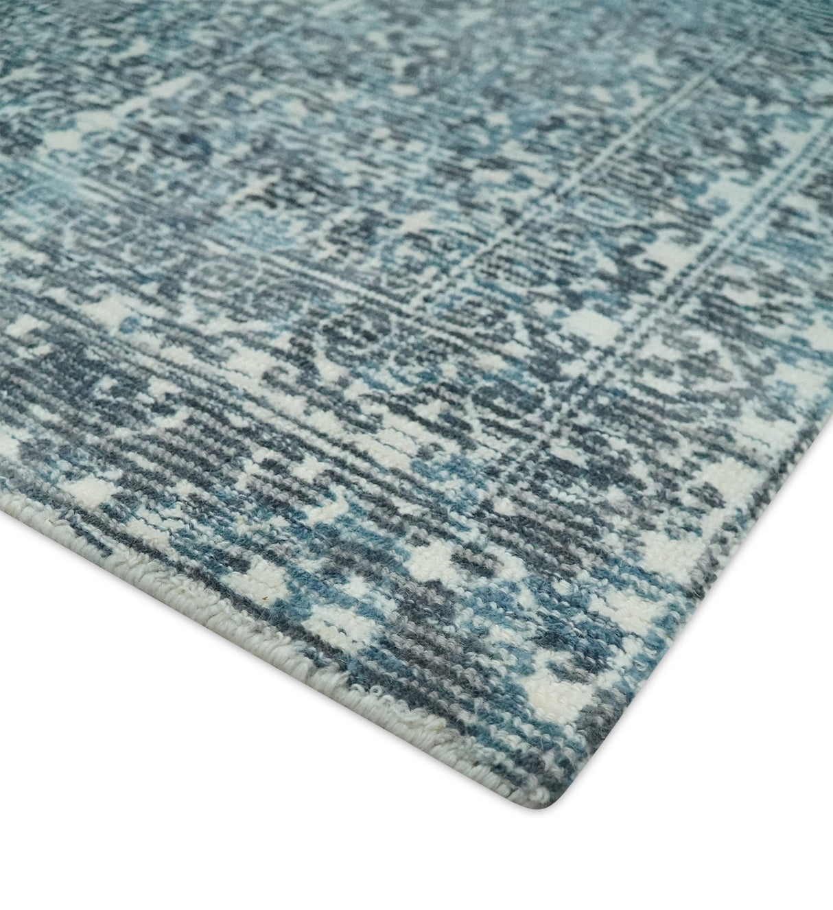 Premium look antique Design Teal, Charcoal and Ivory 5x8 Hand loom wool and Viscose Area Rug