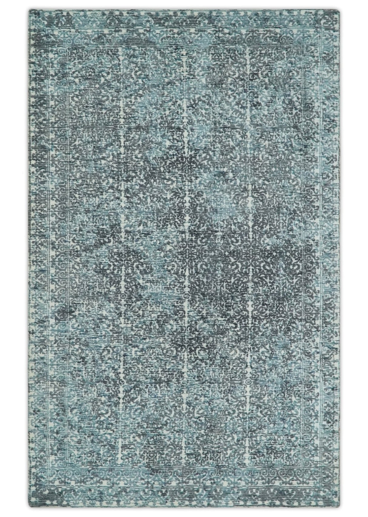 Premium look antique Design Teal, Charcoal and Ivory 5x8 Hand loom wool and Viscose Area Rug