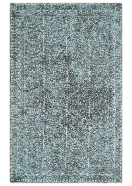 Premium look antique Design Teal, Charcoal and Ivory 5x8 Hand loom wool and Viscose Area Rug