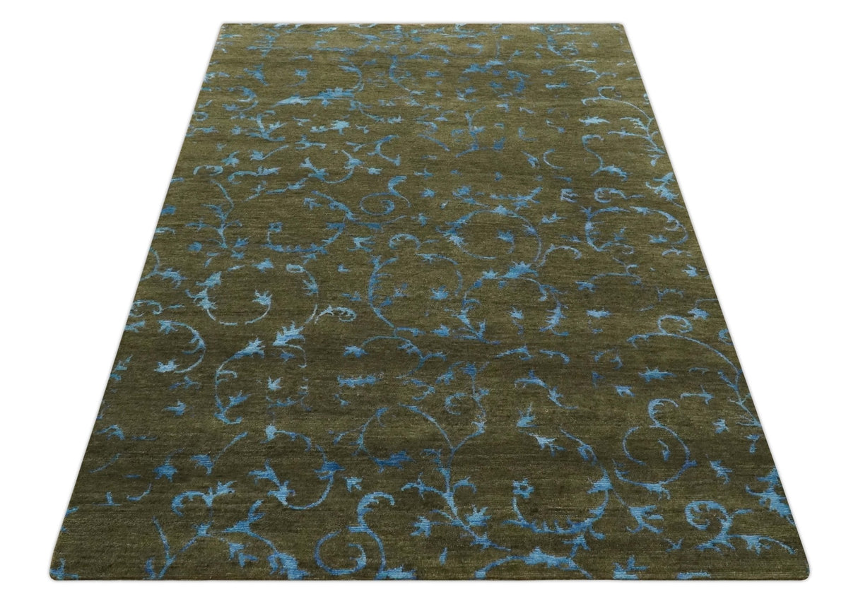 Premium look Antique Style Olive and Blue Hand loom 6x9 wool and Art Silk Area Rug-Area Rug-Parc Decor