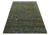 Premium look Antique Style Olive and Blue Hand loom 6x9 wool and Art Silk Area Rug-Area Rug-Parc Decor