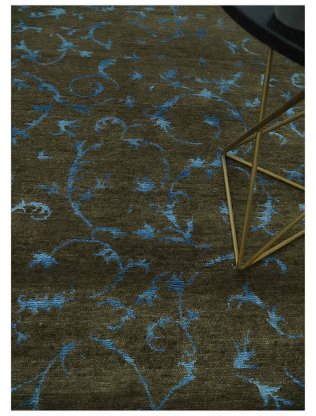 Premium look Antique Style Olive and Blue Hand loom 6x9 wool and Art Silk Area Rug-Area Rug-Parc Decor