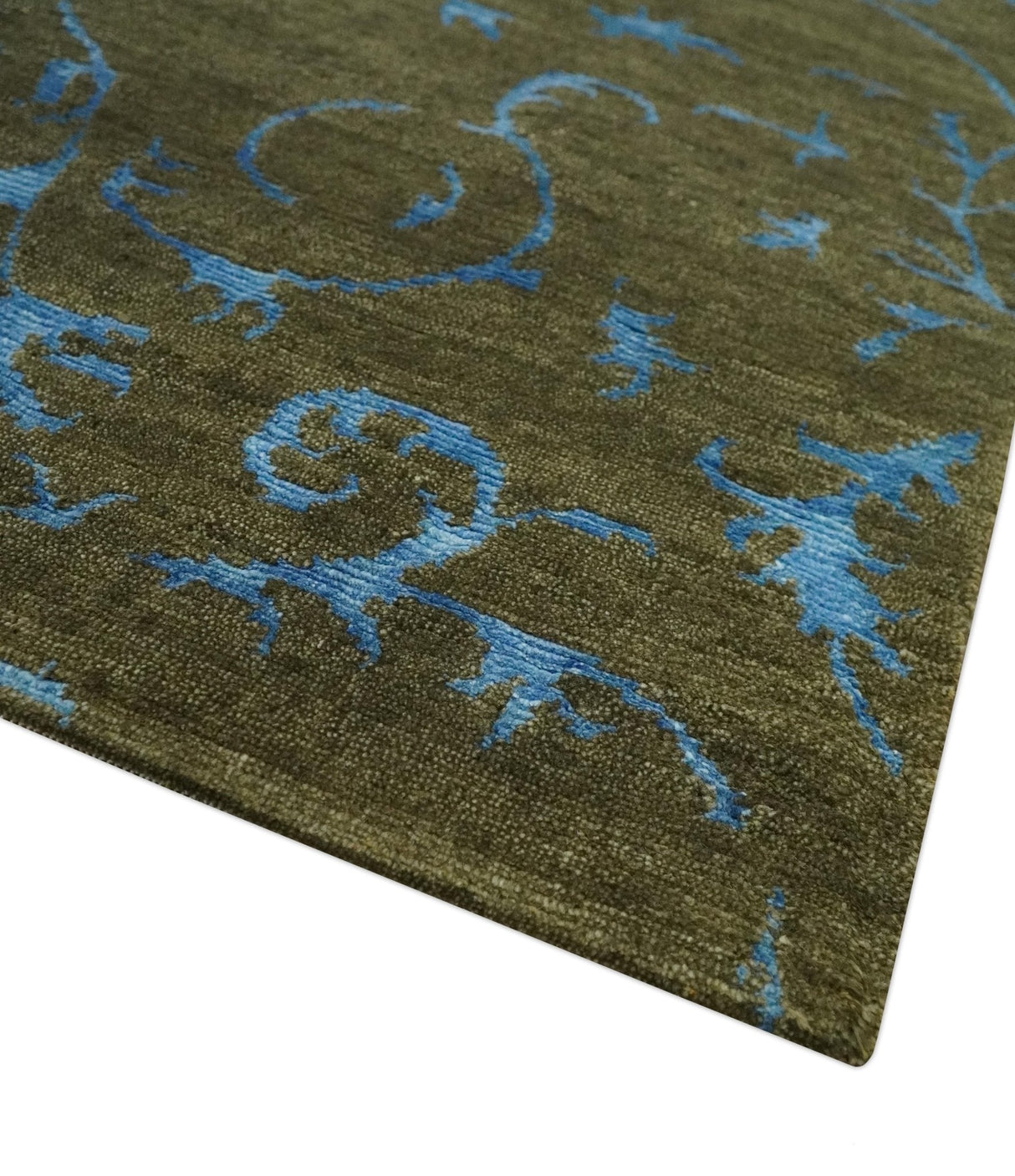 Premium look Antique Style Olive and Blue Hand loom 6x9 wool and Art Silk Area Rug-Area Rug-Parc Decor