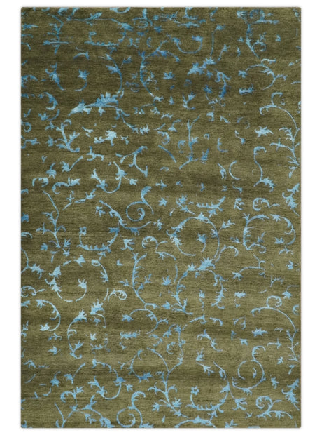Premium look Antique Style Olive and Blue Hand loom 6x9 wool and Art Silk Area Rug-Area Rug-Parc Decor