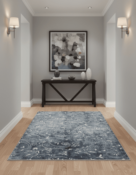 Premium look Charcoal, Ivory and Silver Hand loom Traditional Boteh Design Wool and Viscose Area Rug
