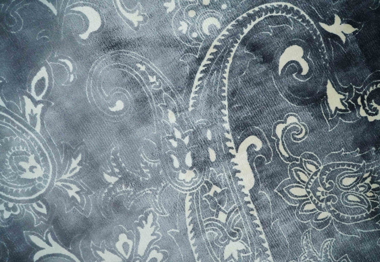 Premium look Charcoal, Ivory and Silver Hand loom Traditional Boteh Design Wool and Viscose Area Rug