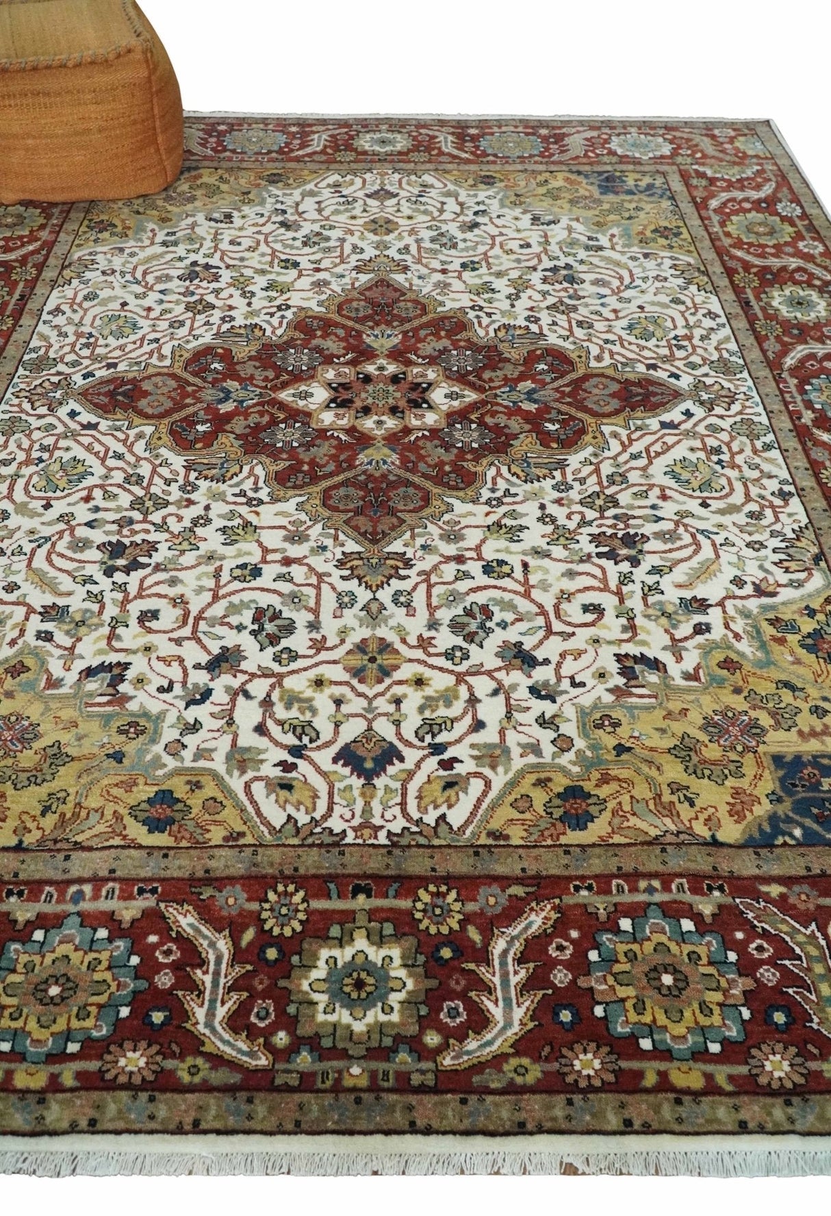 Premium Look Ivory, Rust and Gold 8x10 Hand knotted Traditional Wool Area Rug